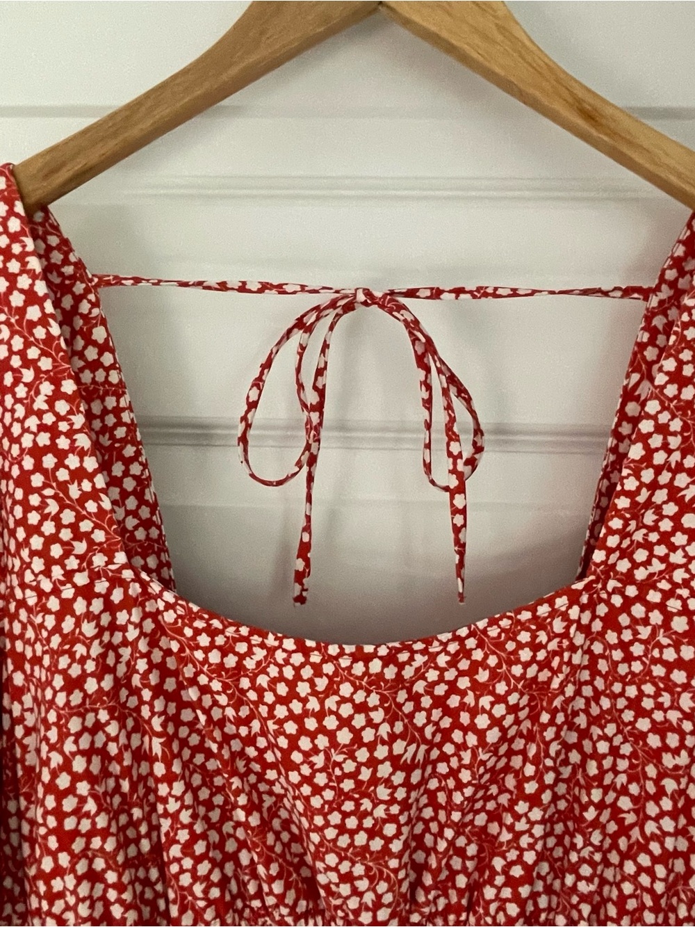 Anthropologie Red Ditsy Midi Dress 1X Plus Sz Floral Smocked Puff Sleeves Pocket - Picture 4 of 15